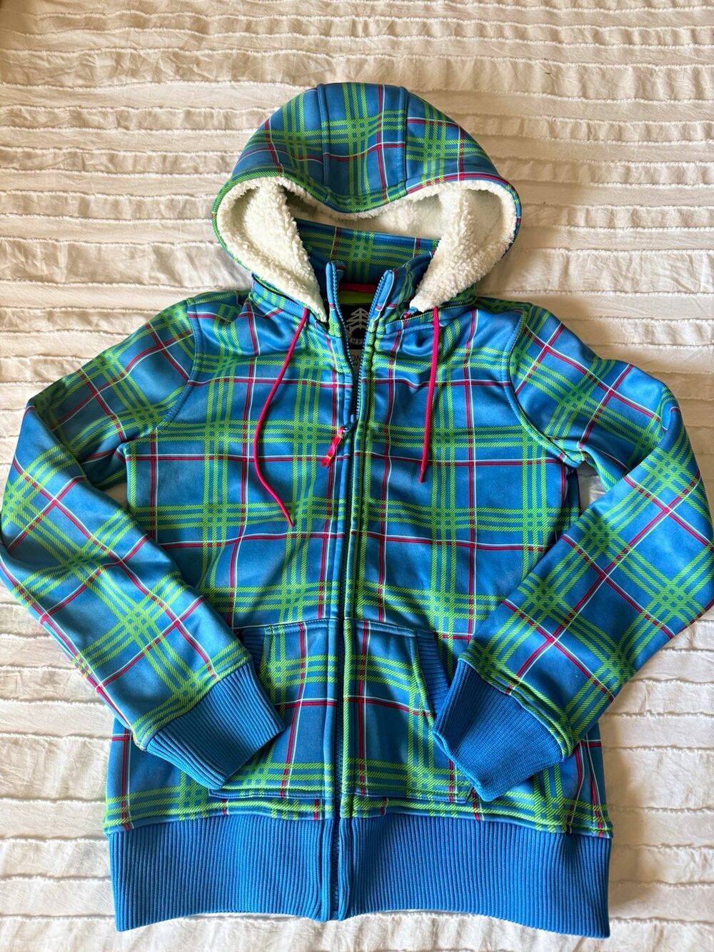 Empyre Snow Fleece Hoodie Womens M Blue Green Red Plaid Full Zip Hooded Pockets